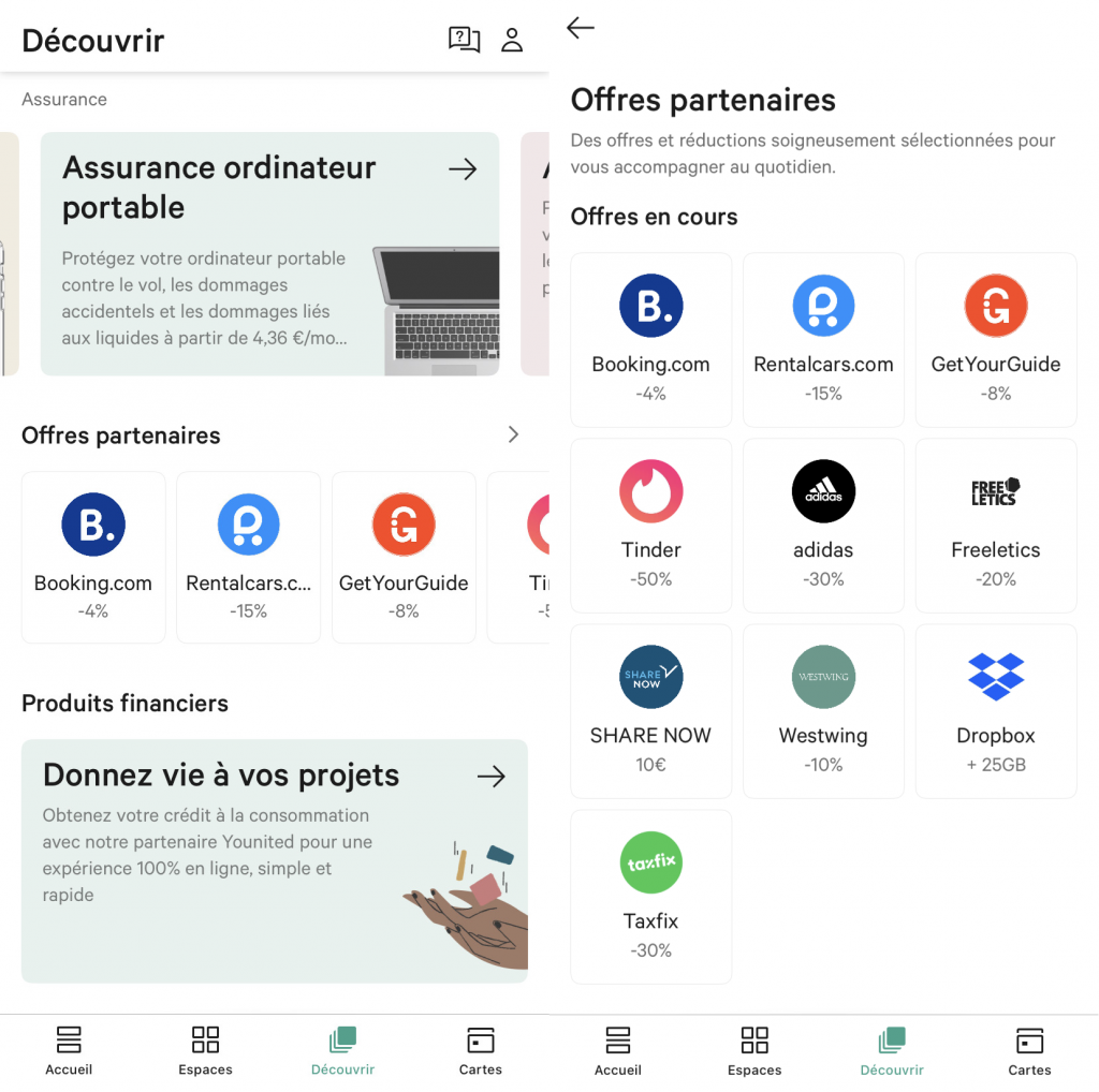 Capture d'écran des offres partenaire et des assurances sur l'app N26