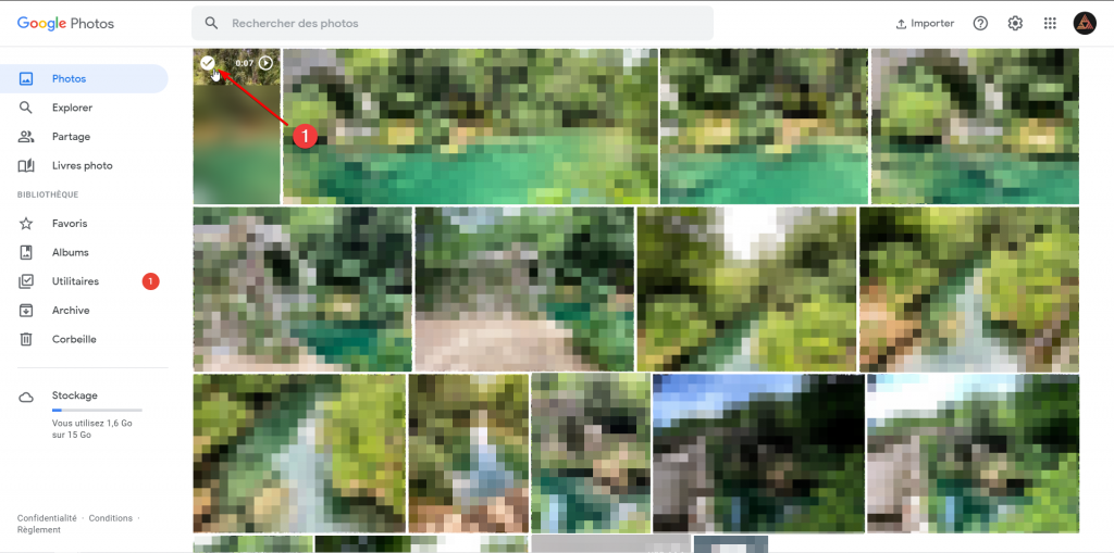 Sélection des images dans Google Photos (encoche en haut à gauche)