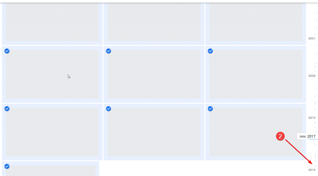 Sélection des images dans Google Photos et descente en bas de la page