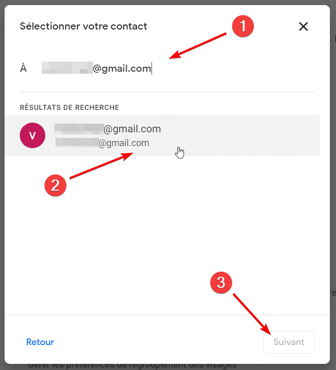 Sélection du contact sur Google photos
