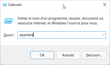 Ouvertue d'AppData dans Windows avec la fenêtre Executer
