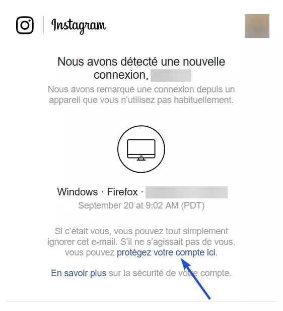 E-mail envoyé par Instagram connexion inhabituelle