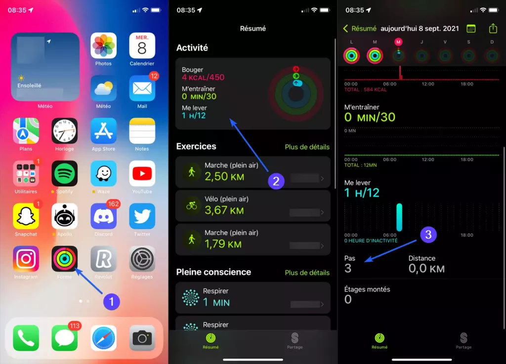 Tutoriel montrant comment voir ses pas sur l'app Forme sur iPhone