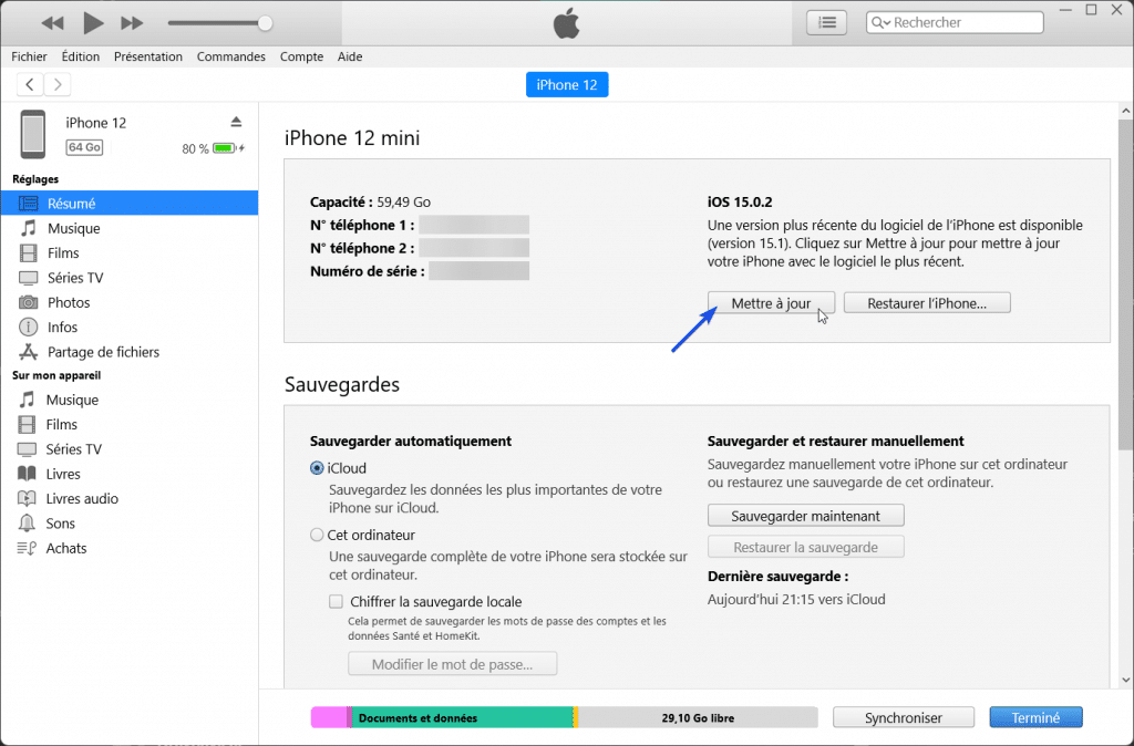 Mise à jour d'un iPhone en utilisant iTunes