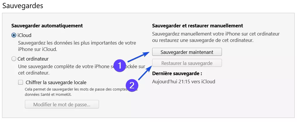 Sauvegarde et restauration d'un iPhone en utilisant iTunes