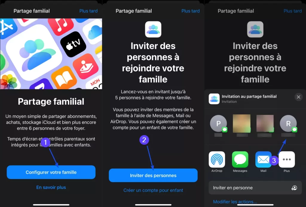 Tutoriel d'invitation des membres du partage familial dans iOS