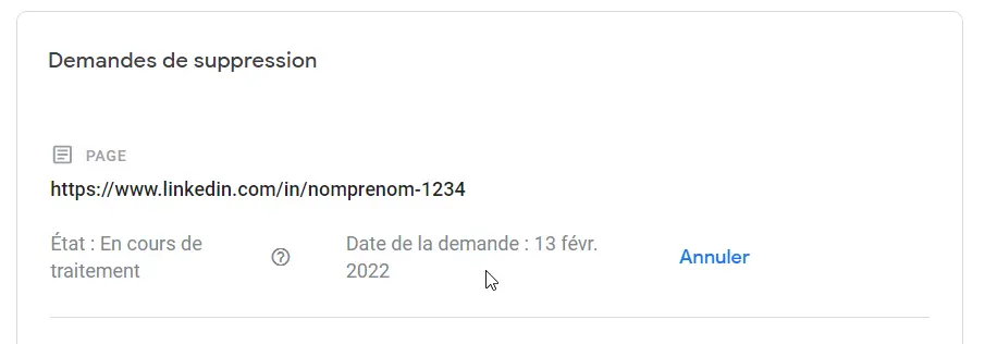 Suivi de la demande de suppression d'apparition sur Google