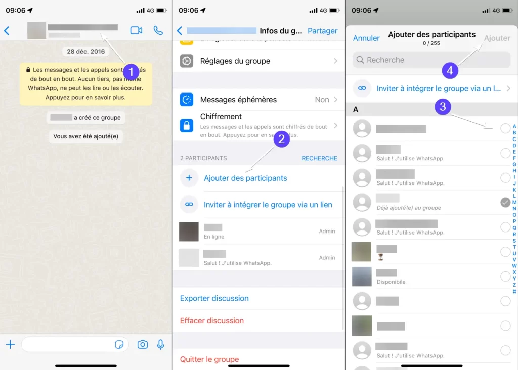 Ajout d'un participant WhatsApp dans un groupe (screenshot)