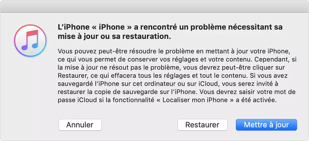 Fenêtre mode de récupération sur iTunes