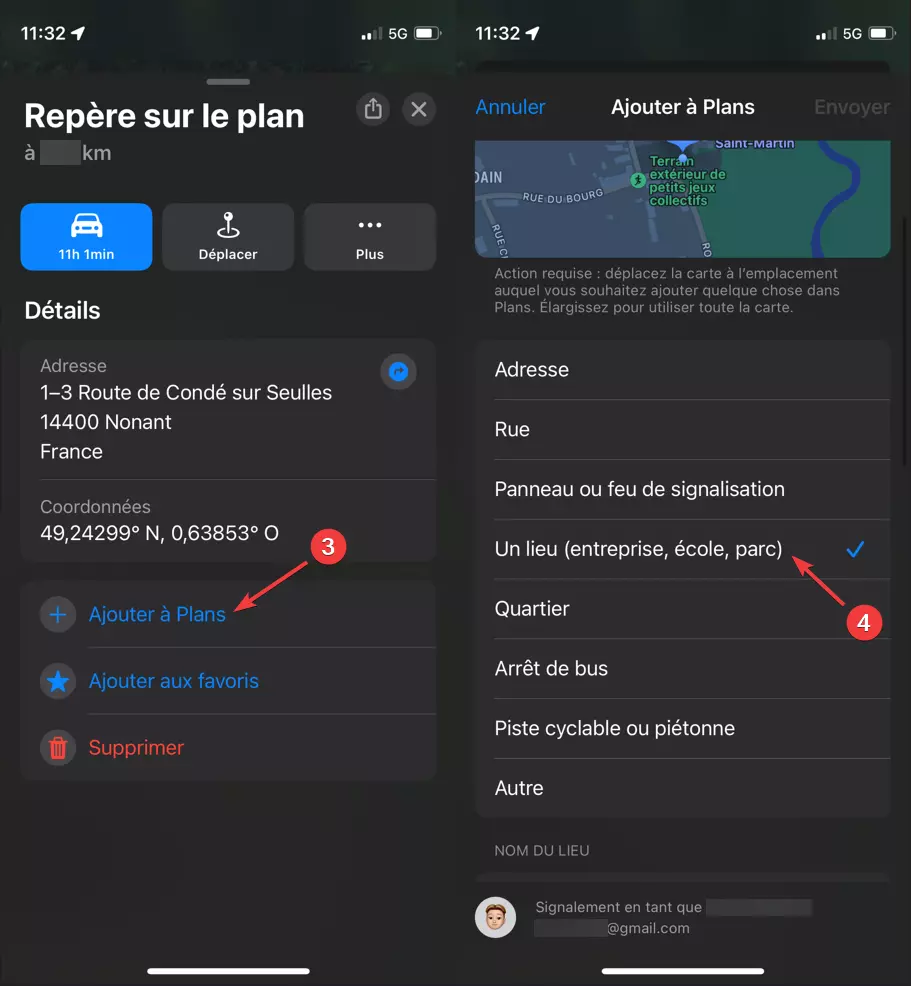 Menu d'ajout de lieu sur l'application Apple Plans